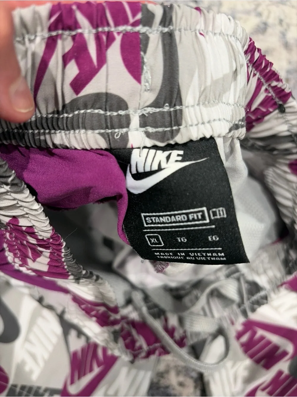 Nike Boys All Over Logo Swim Shorts Gray Purple Size XL swim trunks unlined